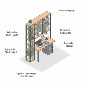 A close-up illustration of organized storage bins and books on a shelving unit with desk.