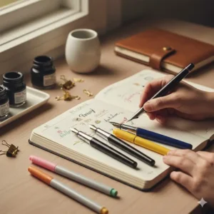 Illustration 3: Close-up of premium fountain pens and colorful felt-tip markers, part of a set of awesome office supplies for journaling.