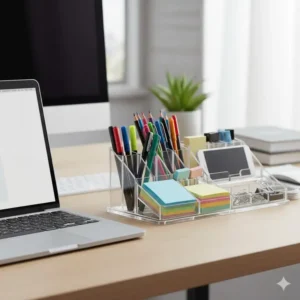 Lifestyle image showing the transparent plastic desk organizer neatly positioned on a light wooden home office desk, holding essential supplies within easy reach next to a laptop.