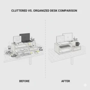 Side-by-side illustration showing a messy workspace transformed by using a big desk organizer.
