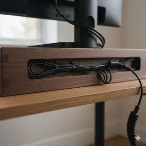 The back view of the large monitor stand with an integrated channel for effective cable management.