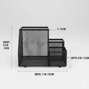 An illustration showing the height, width, and depth measurements of a compact black desk organizer.