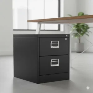 Industrial-style black metal desk cabinets with pull handles, offering secure and durable office organization.