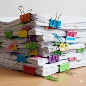 5- A pile of documents held together by colorful office supplies like assorted rainbow binder clips and paper clips, adding a pop of color to essential paperwork.