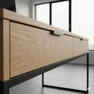 Detailed texture shot of the premium wood finish and hardware of the contemporary office desk with drawers.
