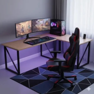 contemporary l shaped desk used as a gaming station with a dual monitor setup and LED lighting.