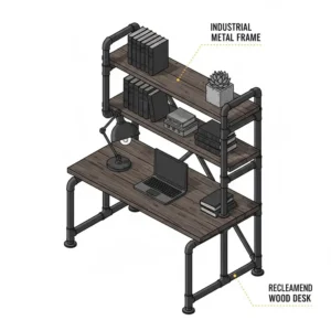 A stylistic design of an industrial-themed shelving unit with desk made of wood and steel.