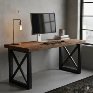 An industrial-style medium size desk featuring a contrasting black metal frame and a solid wood butcher block top.