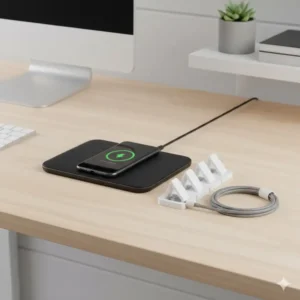 Illustration 4: A minimalist wireless charging pad and cable management clips, showcasing awesome office supplies for a modern workspace.
