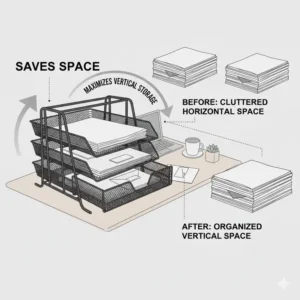 Illustration demonstrating how vertical wire mesh desk organizer trays save space on small workstations.
