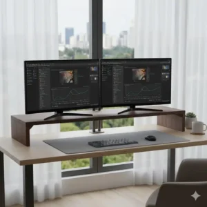 A desk setup showing the large monitor stand successfully supporting two monitors side-by-side.