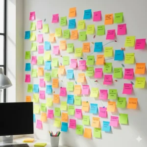 6- A wall or monitor covered in assorted neon-colored sticky notes and memo pads, showcasing a creative brainstorming session with colorful office supplies.