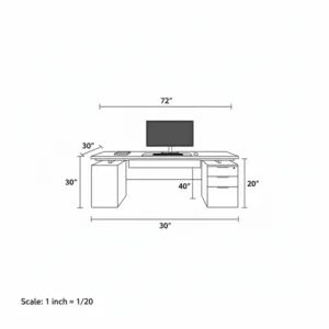 Full-view illustration showing the dimensions and scale of the executive contemporary office desk with drawers.