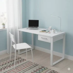 An simple and affordable white medium size desk suitable for a student's room or small workspace.