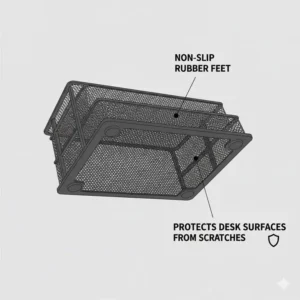 Underside view of a wire mesh desk organizer featuring non-slip rubber feet to protect desk surfaces.
