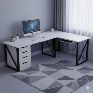 Modern white contemporary l shaped desk featuring built-in storage drawers and cable management.