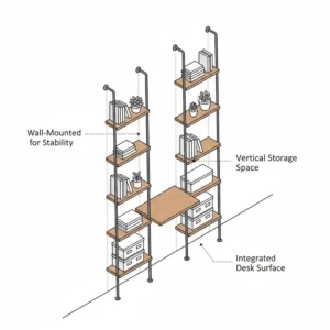 A vertical perspective of a wall-mounted ladder-style shelving unit with desk.