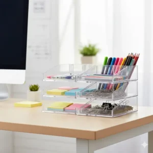 Set of interlocking, stackable plastic desk organizer trays shown configured in two layers to maximize vertical storage space on a compact desk.