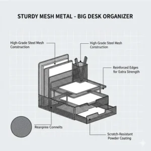Detailed view of a heavy-duty mesh metal big desk organizer highlighting its durable coating.