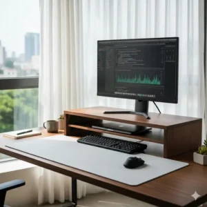 Practical example of the elevated large monitor stand creating space for a laptop and keyboard underneath.