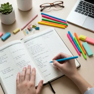 7- An overhead view of a person writing in a journal with a bright blue gel pen, demonstrating the practical use of colorful office supplies in daily planning.
