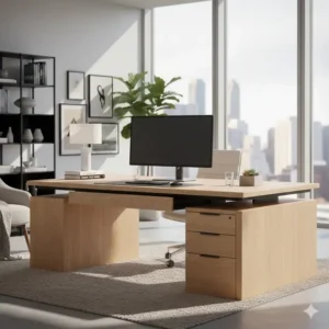 The stylish contemporary office desk with drawers styled beautifully in a sleek, modern home office environment.