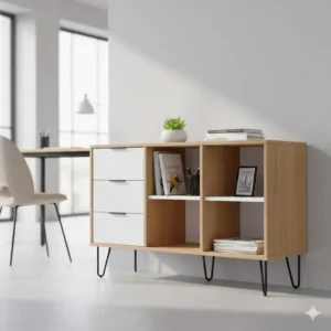 Desk cabinets and open shelving combination unit, perfect for displaying decor while keeping office supplies neatly organized.