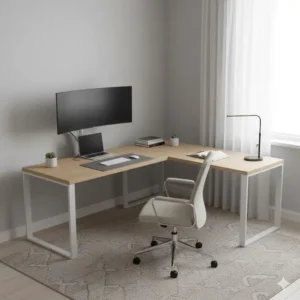 An L-shaped medium size desk designed to fit into a corner, maximizing the available desktop area.