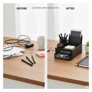 A split-screen comparison showing a cluttered workspace transformed into an organized area using a black desk organizer.