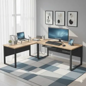 A professional workspace featuring a contemporary l shaped desk with organized office supplies.
