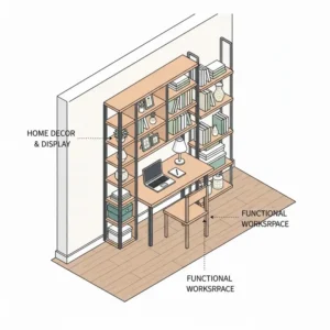 A lifestyle graphic showing a shelving unit with desk used as both a workspace and decor display.