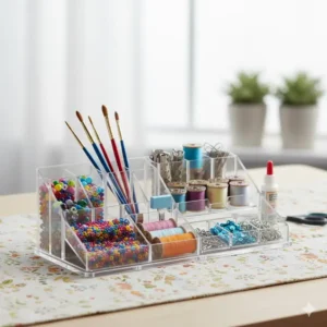Creative alternative use showing the versatile plastic desk organizer holding various small craft supplies such as beads, thread, and paint brushes instead of typical office items.
