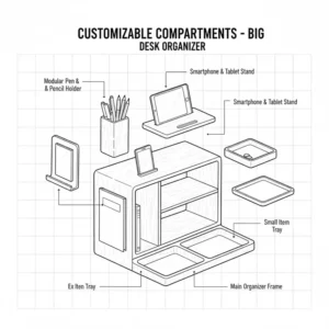 An exploded view illustration showing different compartments in a big desk organizer for accessories.