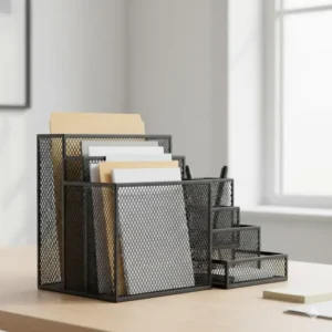 A black desk organizer featuring vertical file slots for sorting mail, folders, and important documents.