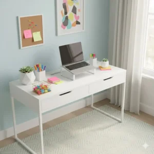 8- A modern, stylish home office setup incorporating design elements with fun, colorful office supplies to brighten the workspace and enhance decor.