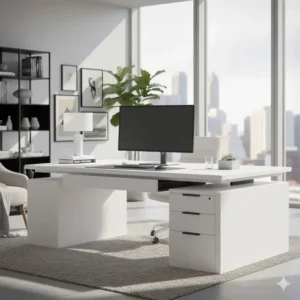 A white color variant of the contemporary office desk with drawers, offering a clean and bright aesthetic for any office space.
