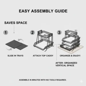 Step-by-step graphic showing the simple tool-free assembly of a tiered wire mesh desk organizer.