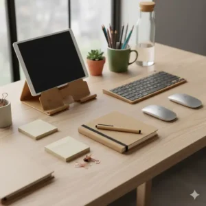 Illustration 7: Sustainable and eco-friendly awesome office supplies made from recycled bamboo and cork materials.