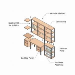 An exploded view diagram showing the easy assembly of a modular shelving unit with desk.