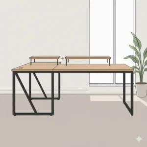 Side profile of a reversible contemporary l shaped desk showing the sleek leg design.