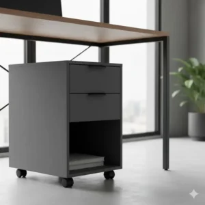 Slim, narrow under-desk cabinets designed to fit discreetly beneath a small workstation, housing essential supplies.
