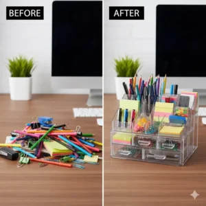 A side-by-side comparison illustrating how the large capacity plastic desk organizer transforms a messy pile of office supplies into a neat, categorized arrangement.