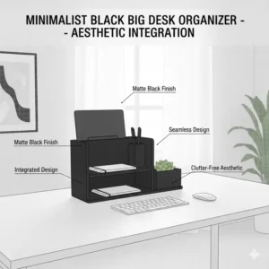 Aesthetic illustration of a sleek black big desk organizer fitting into a minimalist office interior.