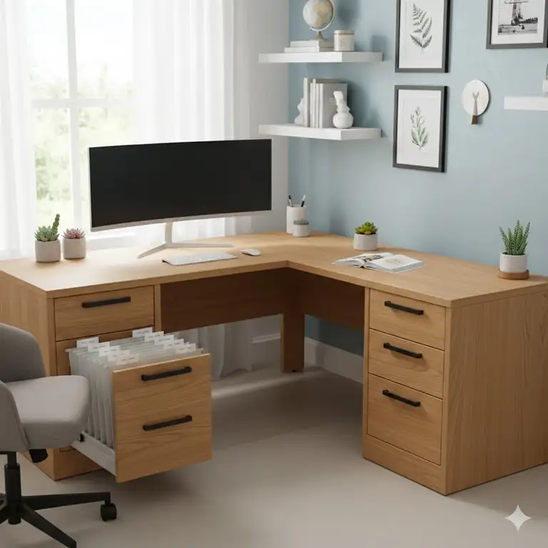 A professional home office setup featuring a modern corner desk with file drawers.