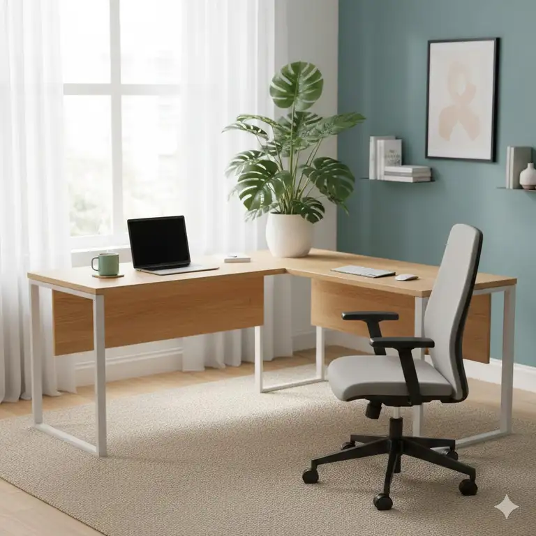 A professional home office setup featuring a modern l shaped light wood desk.
