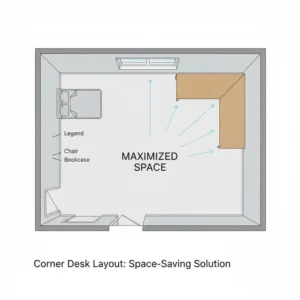 Illustration showing how a corner wooden desk maximizes floor space in a small bedroom or office layout.