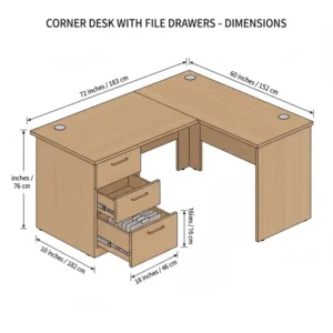 A detailed technical drawing showing the specific dimensions of a corner desk with file drawers.