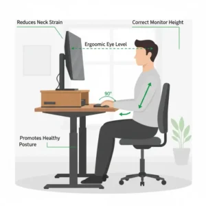 Diagram showing the ergonomic eye level height achieved using a stand up desk organizer to reduce neck strain.