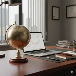 A classic brass desk statues depicting a globe placed next to a laptop in a professional corporate office.