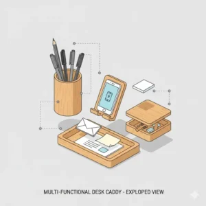 An illustrated diagram showing the different storage compartments of a multi-functional desk caddy.